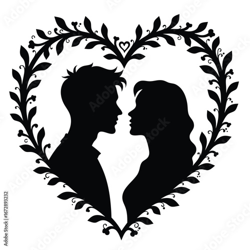 Black silhouette couple facing each other within heart shaped floral frame