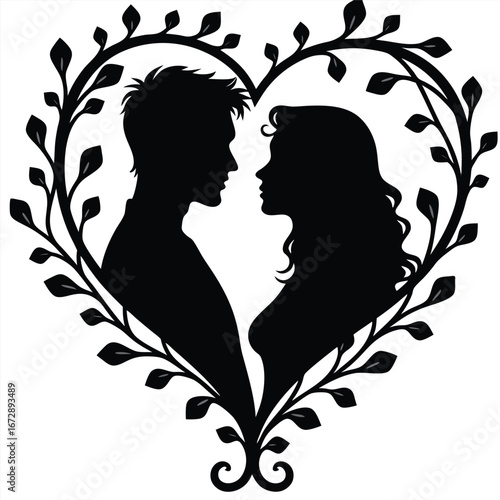 Black silhouette couple facing each other within heart shaped floral frame