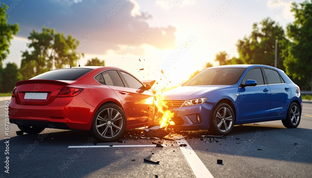 Fototapeta premium Two Cars in a Fiery Head On Collision on a Road at Sunset.