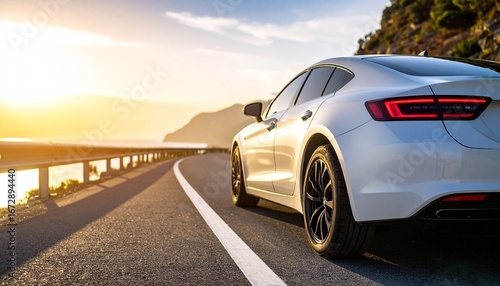 White luxury car driving on a scenic coastal highway at sunset.