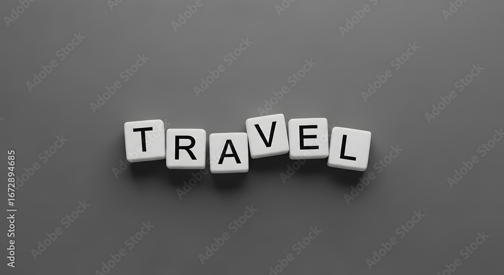 Obraz premium White letter cubes spelling out the word TRAVEL on a gray background.