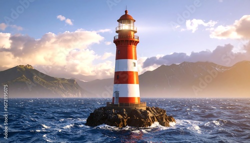 Fototapeta Naklejka Na Ścianę i Meble -  A red and white lighthouse stands on a rocky outcrop in a calm sea, mountains in the background under a partly cloudy sunset sky