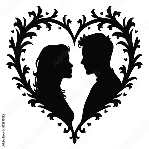 Black silhouette couple facing each other within ornate heart frame