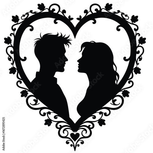 Black silhouette couple facing each other within ornate heart frame