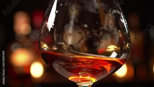 Close up of amber liquid swirling inside a clear glass with soft blurred background lights visible