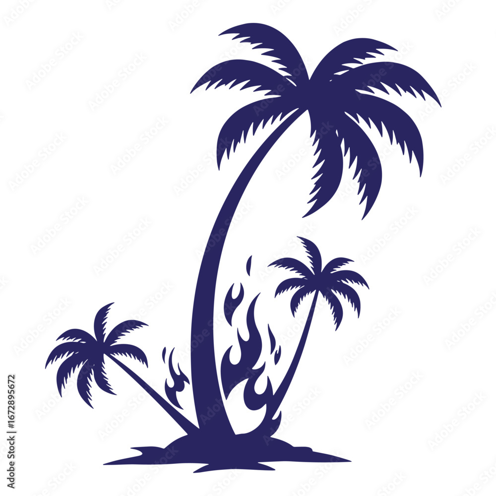 Fototapeta premium Vector silhouette of palm trees with flames illustrating wildfire disaster concept