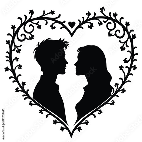 Black silhouette couple facing each other within ornate heart frame