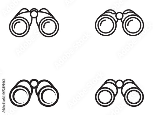 Simple black outline illustration of four pairs of binoculars.