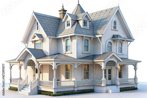 Ornate victorian era mansion with detailed architecture and steep rooflines isolated on white background
