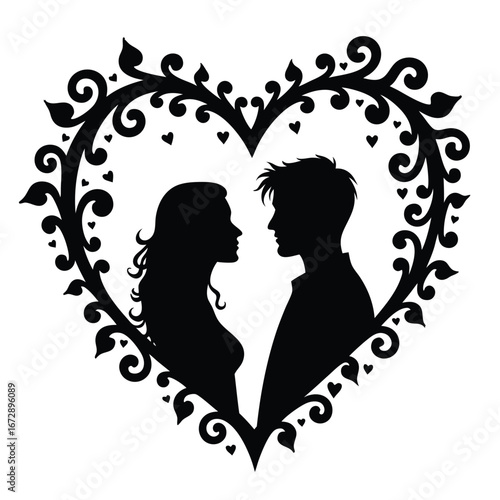 Black silhouette couple facing each other within ornate heart frame