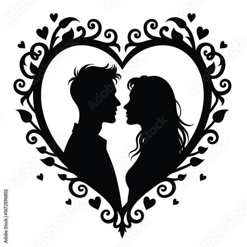 Black silhouette couple in ornate heart frame love