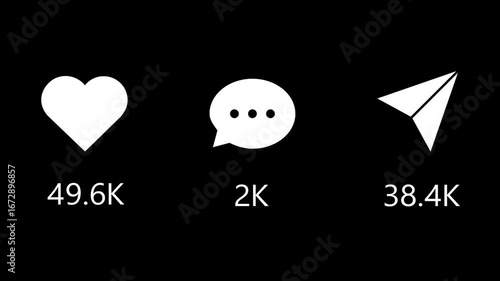Like comment share social media animation reel count on black screen  