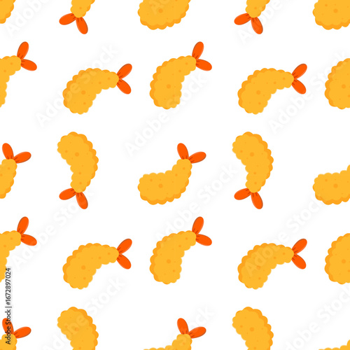 Japanese prawn tempura seamless pattern. Cute cartoon shrimp snack illustration. Crispy seafood doodle background design