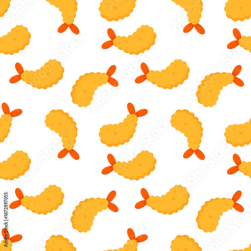 Japanese prawn tempura seamless pattern. Cute cartoon shrimp snack illustration. Crispy seafood doodle background design