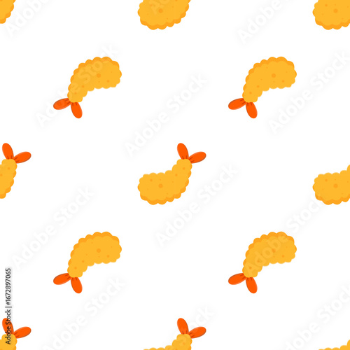 Japanese prawn tempura seamless pattern. Cute cartoon shrimp snack illustration. Crispy seafood doodle background design