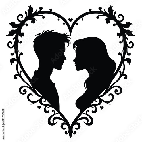 Black silhouette couple profile facing each other in ornate heart frame