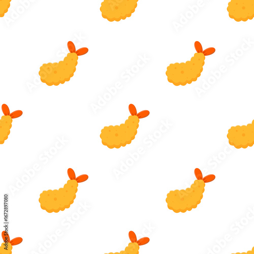 Japanese prawn tempura seamless pattern. Cute cartoon shrimp snack illustration. Crispy seafood doodle background design