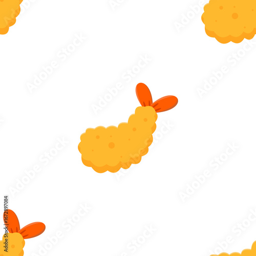 Japanese prawn tempura seamless pattern. Cute cartoon shrimp snack illustration. Crispy seafood doodle background design