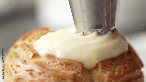 Cream filling being poured into a freshly baked pastry with a golden brown crust texture