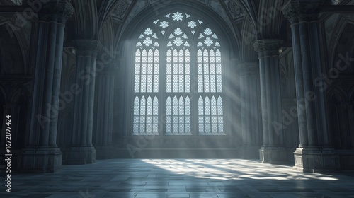 Majestic gothic cathedral interior with tall arched stained glass window, dramatic sunlight rays piercing through, creating spiritual atmosphere of faith, peace, mystery, and awe