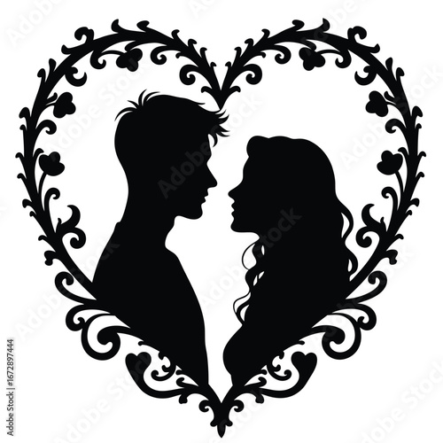 Black silhouette couple profile facing each other within ornate heart frame
