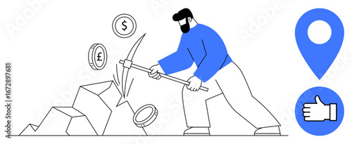 Man wielding pickaxe extracting coins from rocks. Select currencies floating. Map pin and approval hand icon. Ideal for finance, mining, investment, economy, success, location simple landing page