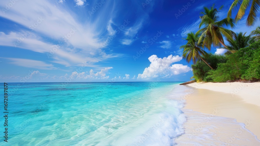 Fototapeta premium Tropical Beach Vacation Poster Template: Blue Ocean, Palm Trees & Sunny Day Horizon – Tranquil Scenery