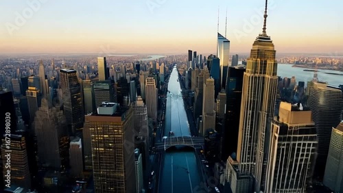 A panoramic view of Manhattan's skyline at sunset, showcasing the Empire State Building and a long avenue stretching towards the horizon.