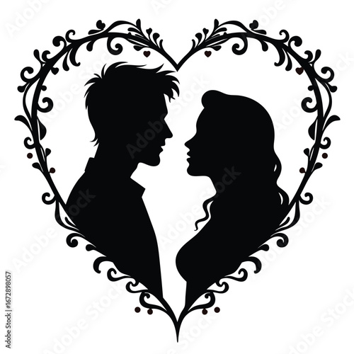 Black silhouette of a couple facing each other within a decorative heart frame 