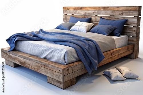 Rustic reclaimed wood king size bed frame with plush pillows and a cozy blanket isolated on white background