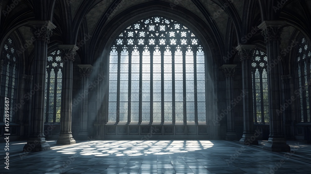Fototapeta premium Majestic gothic cathedral interior with tall arched stained glass window, dramatic sunlight rays piercing through, creating spiritual atmosphere of faith, peace, mystery, and awe