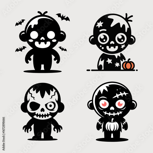 Cute cartoon zombie characters in various poses for Halloween.