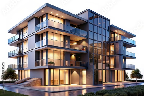 Modern luxury apartment building with glass facade and balconies illuminated at dusk isolated on white background