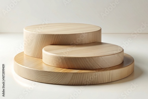 Three stacked wooden round display stands of varying sizes on a white background isolated on white background