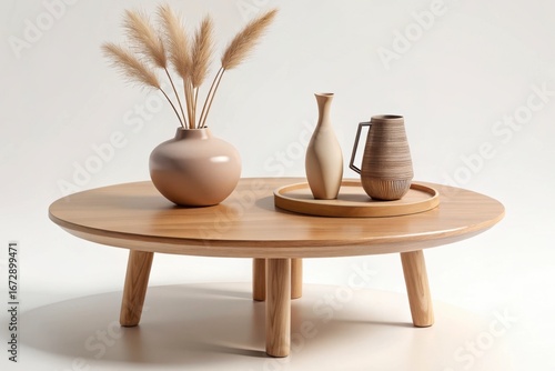 A round wooden coffee table with decorative vases and dried pampas grass isolated on white background