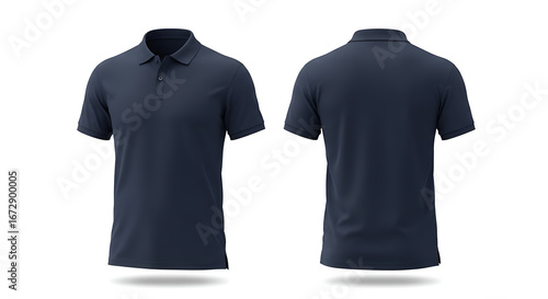 Classic navy blue polo shirt mockup with front and back views. Blank short sleeve t-shirt template for apparel design and branding, isolated on a white background