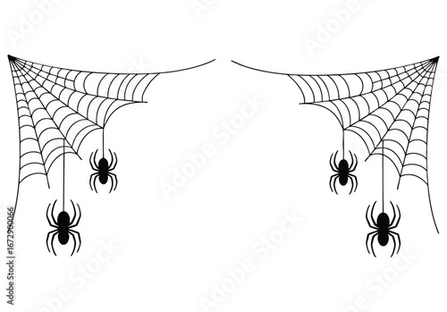 Black cobweb with spiders isolated on white background, vector illustration Halloween frame symbol of spooky decor, haunted theme, horror visuals, creepy design and festive seasonal decoration style