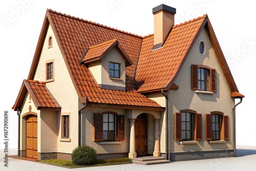 Charming european style cottage with red tile roof and shutters isolated on white background