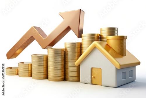 Rising real estate market with stacks of coins and upward trending arrow isolated on white background