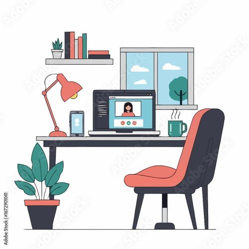 A modern home office setup with a laptop on a video call, illustrating a remote work lifestyle.