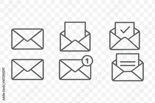 Mail icon set. Email icon vector set isolated on transparent. Envelope icon, mail icon vector for web, computer and mobile app