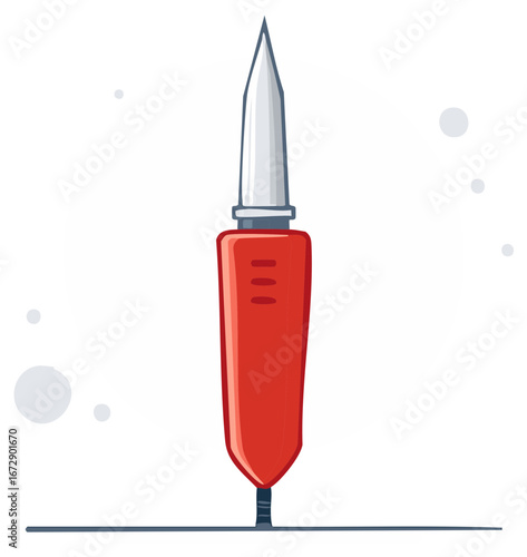 Cartoon illustration of an awl. An awl with a red handle and a pointed metal head.