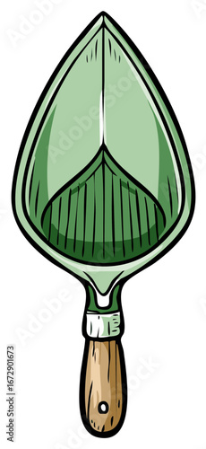 Isolated Garden Trowel Featuring Green Metal Blade and Wooden Handle for Planting Vegetables and Flowers