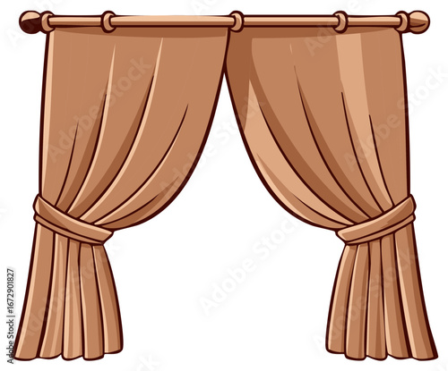 Illustration of draped curtains with tiebacks, home decor element on a rod