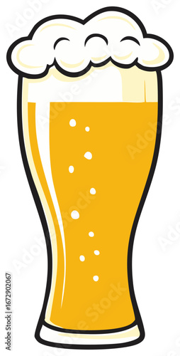 Cartoon style glass of beer with frothy foam and golden bubbles