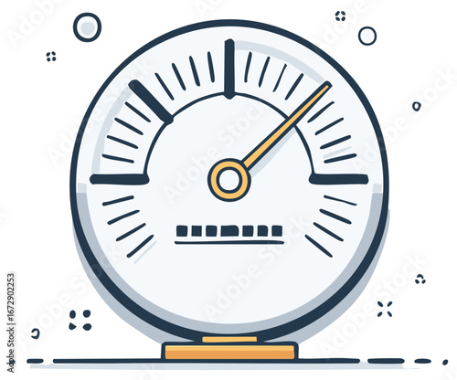 Hand-drawn speed gauge icon with a pointer indicating high speed and measurement markings.