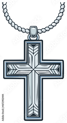 Silver pendant with chain depicting a Christian cross religious symbol
