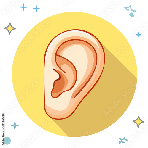 Human Ear Outline on Yellow Circle with Cute Star Doodle Accents