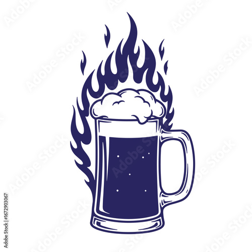 Beer mug with burning flames illustration showcasing refreshing beverages and a fiery passion