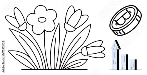 Flowers blooming alongside upward chart bars and Bitcoin coin. Ideal for growth, innovation, finance, sustainability, digital economy, investment, positive trends, simple landing page